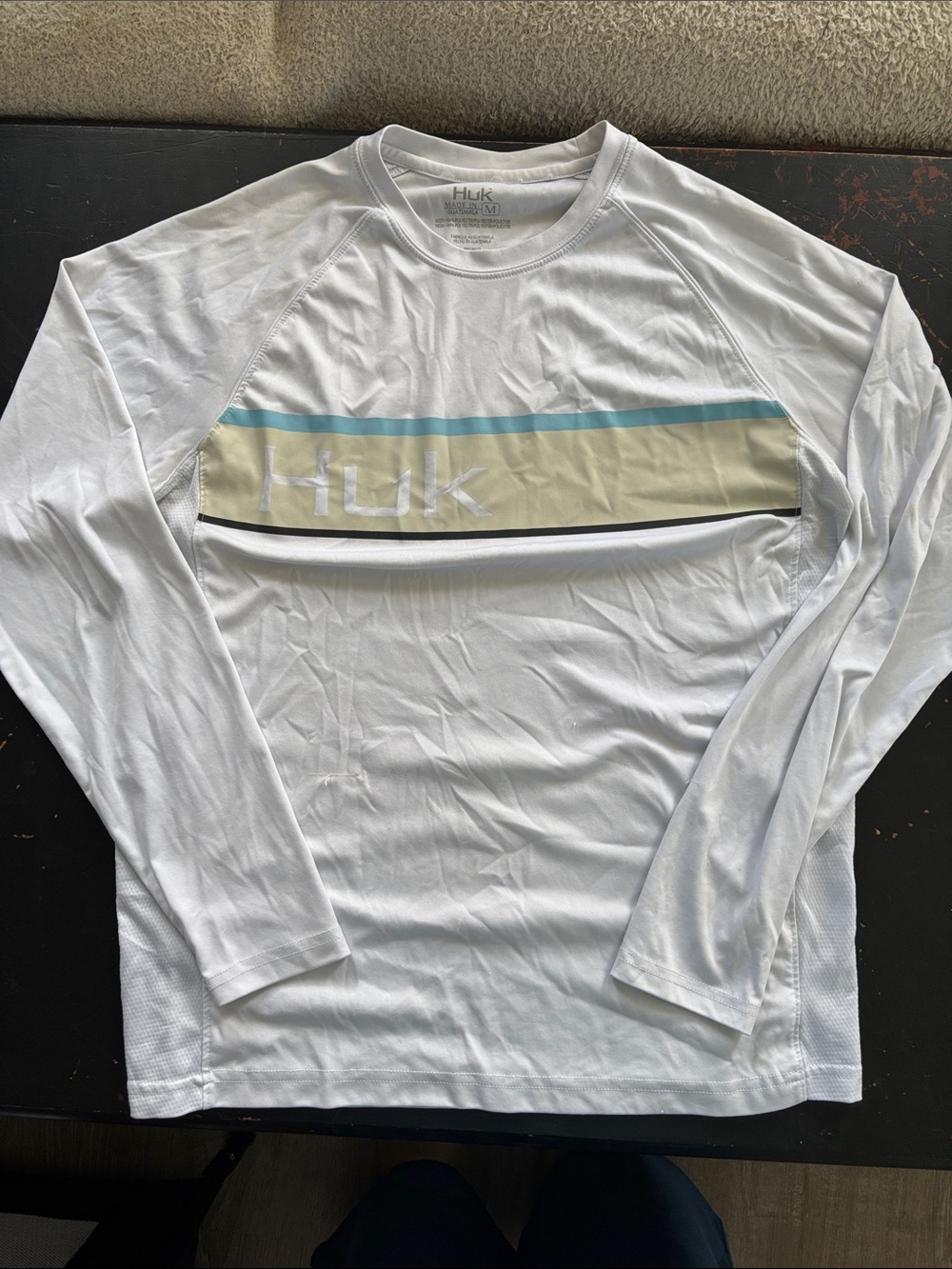 Huk White Long Sleeve Performance Shirt with Teal and Tan Stripes